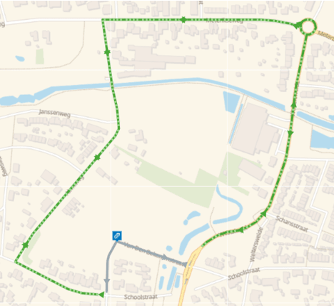 kaart van Horst waar een omleiding is aangegeven met een groene lijn. 