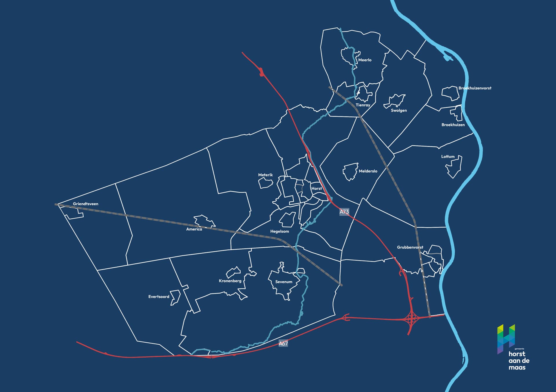 Lijntekening plattegrond van de gemeente Horst aan de Maas